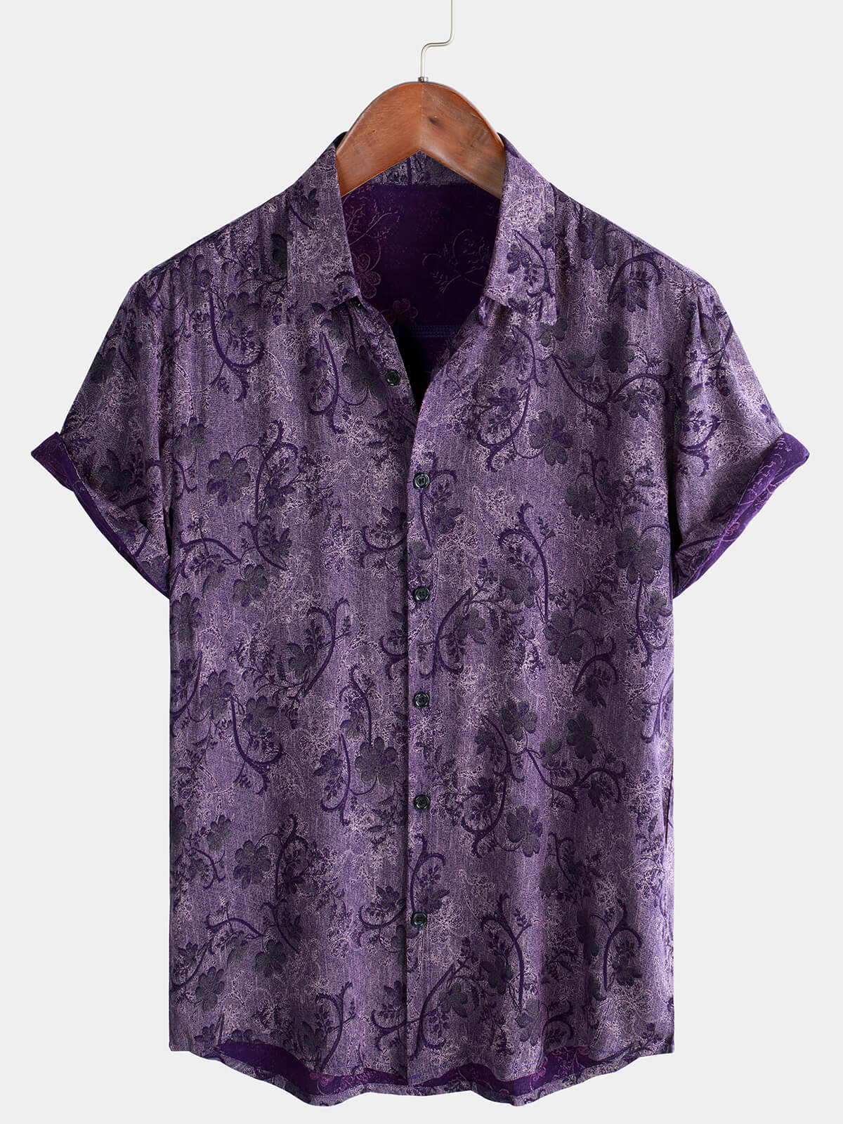 Chemise d'Homme Vintage Violet d'Été Respirante à Manches Courtes
