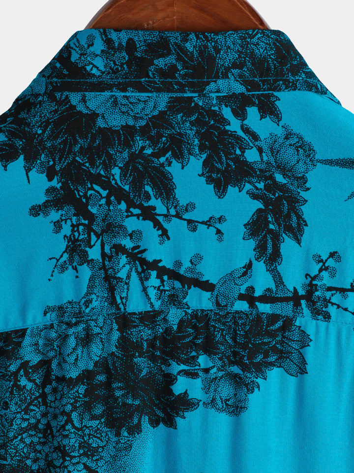 Chemise hawaïenne à manches courtes pour homme, motif floral, bleu, style rétro, respirante