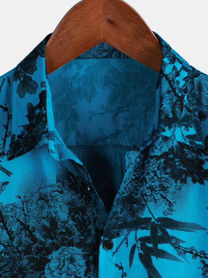 Chemise hawaïenne à manches courtes pour homme, motif floral, bleu, style rétro, respirante