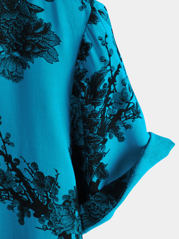 Chemise hawaïenne à manches courtes pour homme, motif floral, bleu, style rétro, respirante