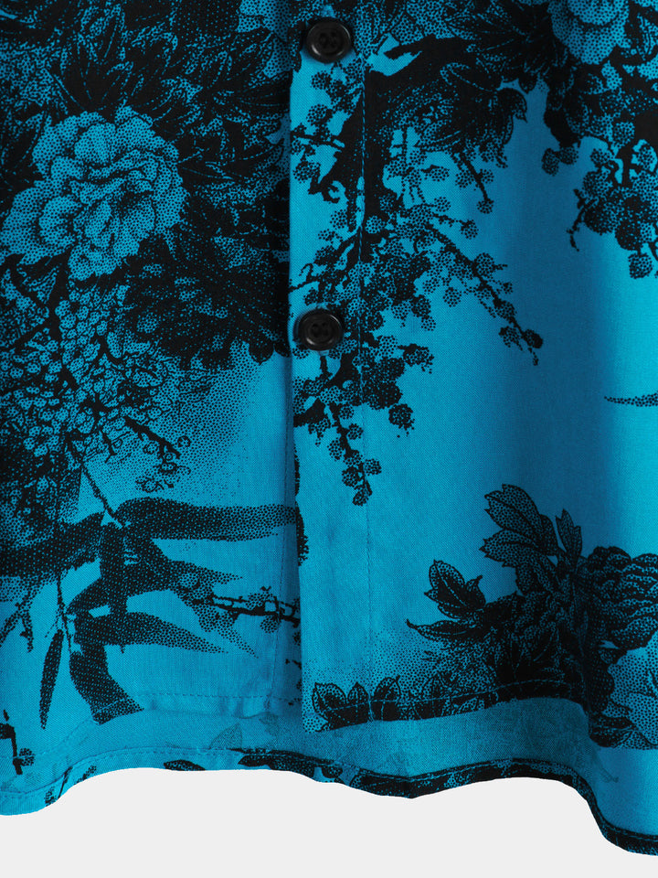 Chemise hawaïenne à manches courtes pour homme, motif floral, bleu, style rétro, respirante