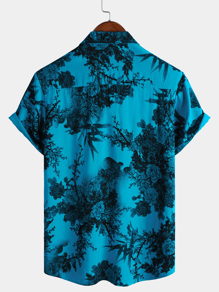 Chemise hawaïenne à manches courtes pour homme, motif floral, bleu, style rétro, respirante