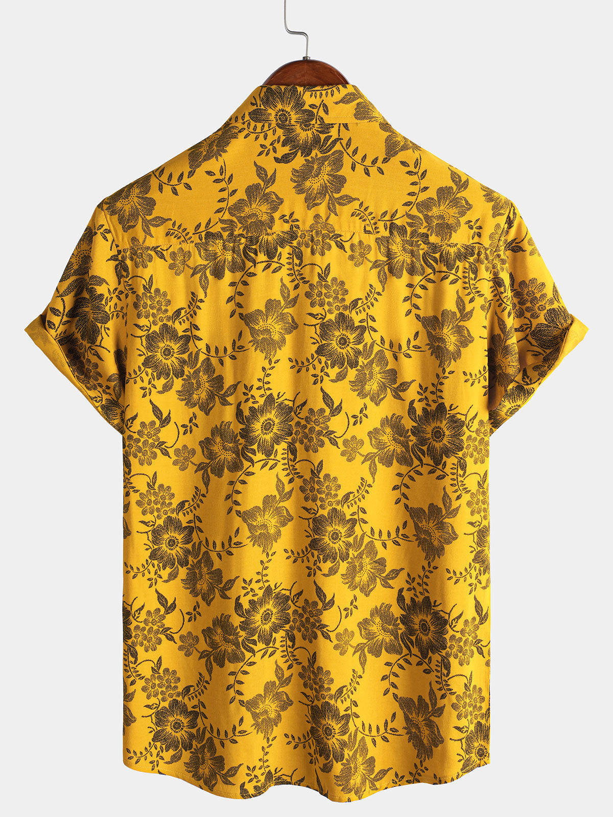 Chemise hawaïenne à manches courtes jaune à imprimé floral vintage pour homme