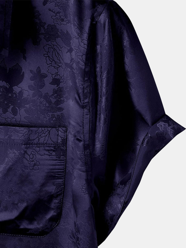 Chemise à manches courtes en satin de soie à poches et jacquard floral pour homme