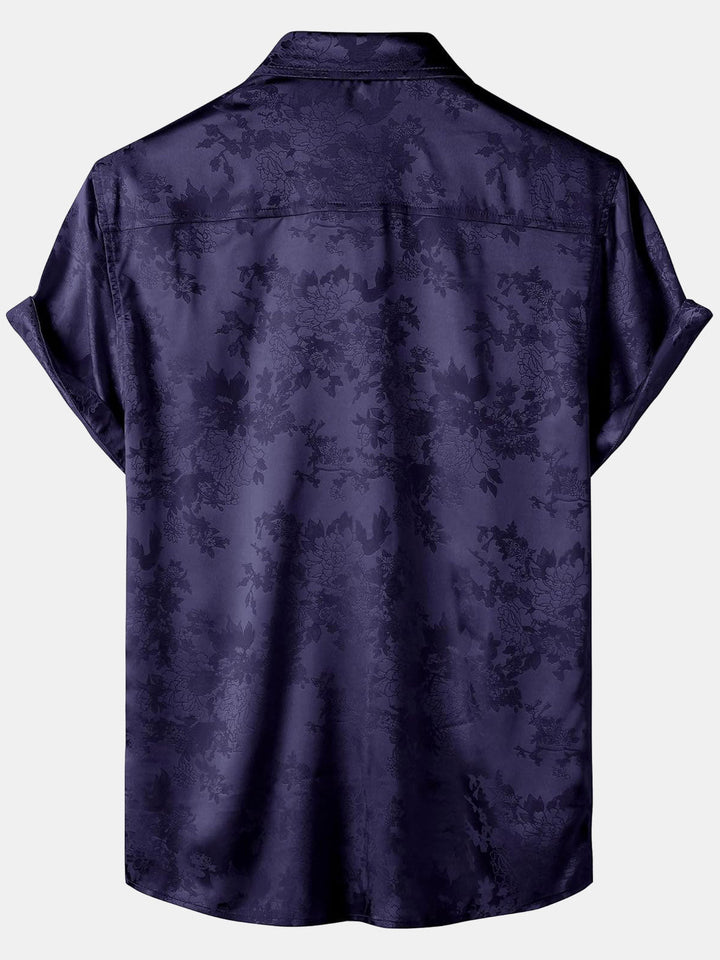 Chemise à manches courtes en satin de soie à poches et jacquard floral pour homme