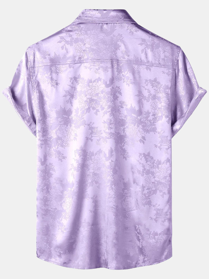 Chemise à manches courtes en satin de soie à poches et jacquard floral pour homme