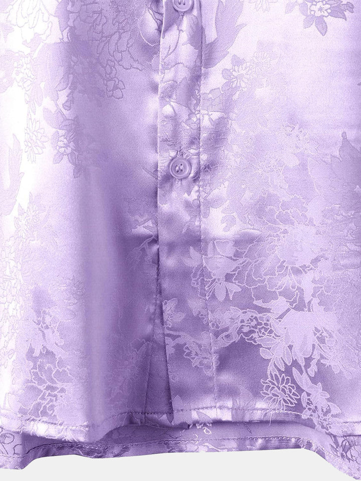 Chemise à manches courtes en satin de soie à poches et jacquard floral pour homme