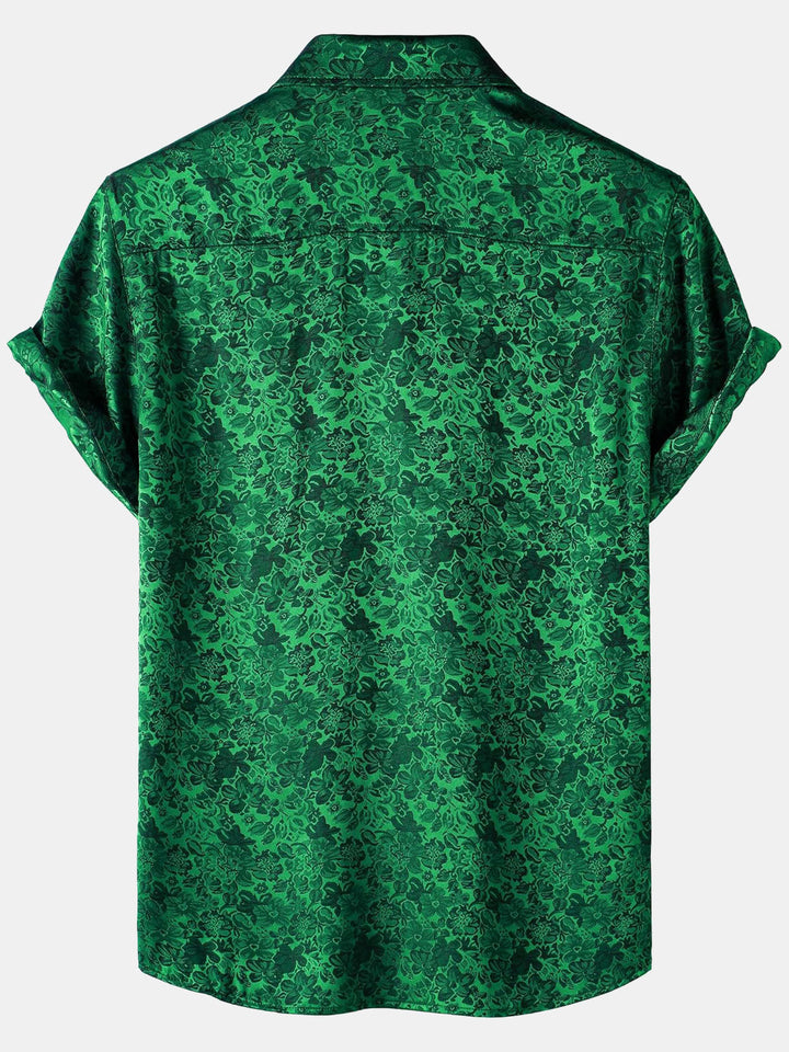 Chemise à manches courtes en satin de soie jacquard à imprimé floral pour homme