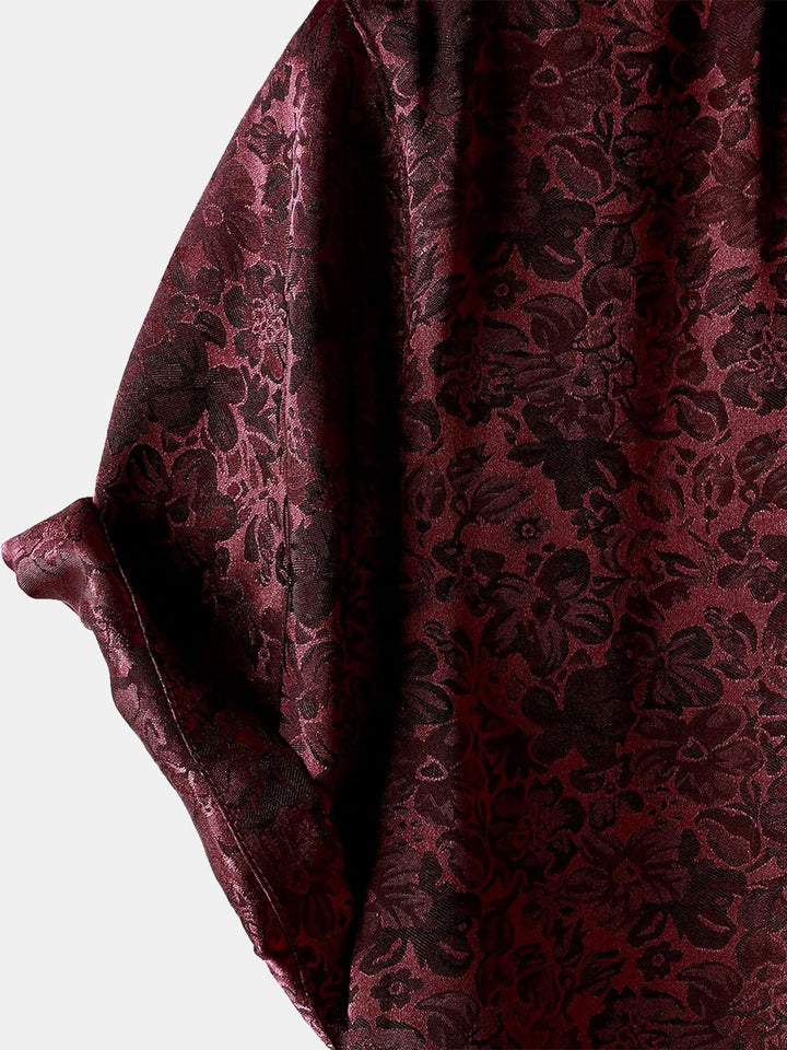 Chemise à manches courtes en satin de soie jacquard à imprimé floral pour homme
