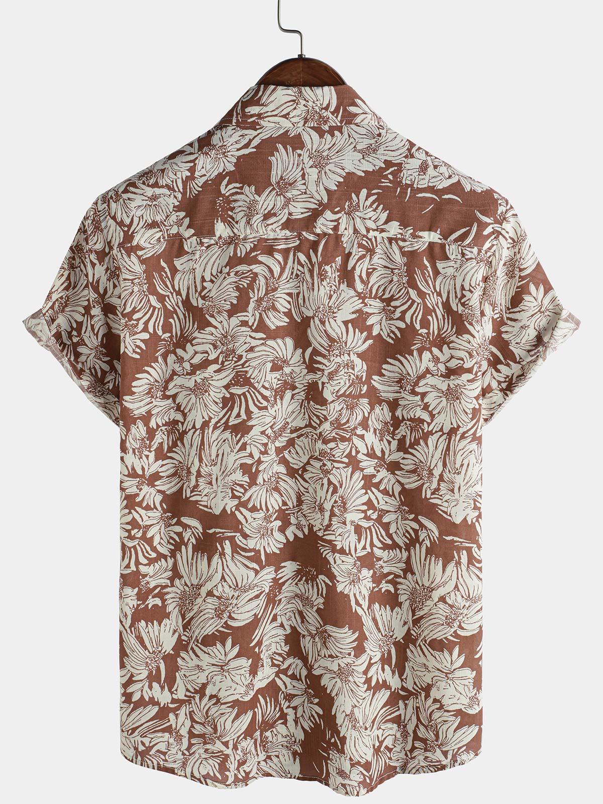 Chemise boutonnée d'été à manches courtes et motif floral marron pour homme