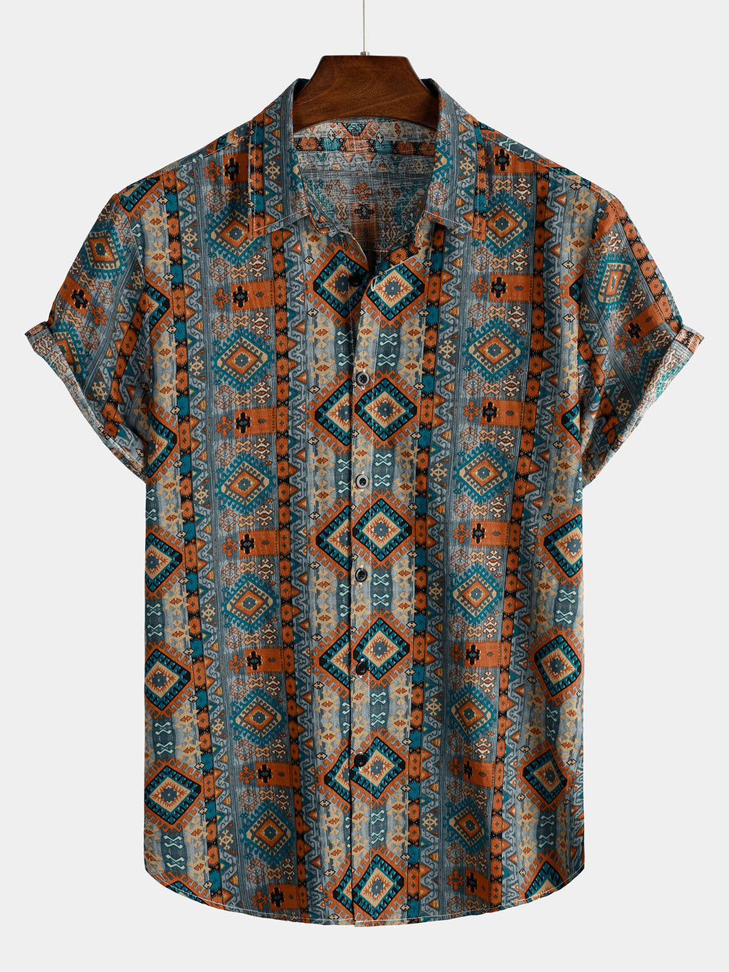 Chemise Homme Rétro Années 70 Patchwork Vintage Manches Courtes Boutonnée