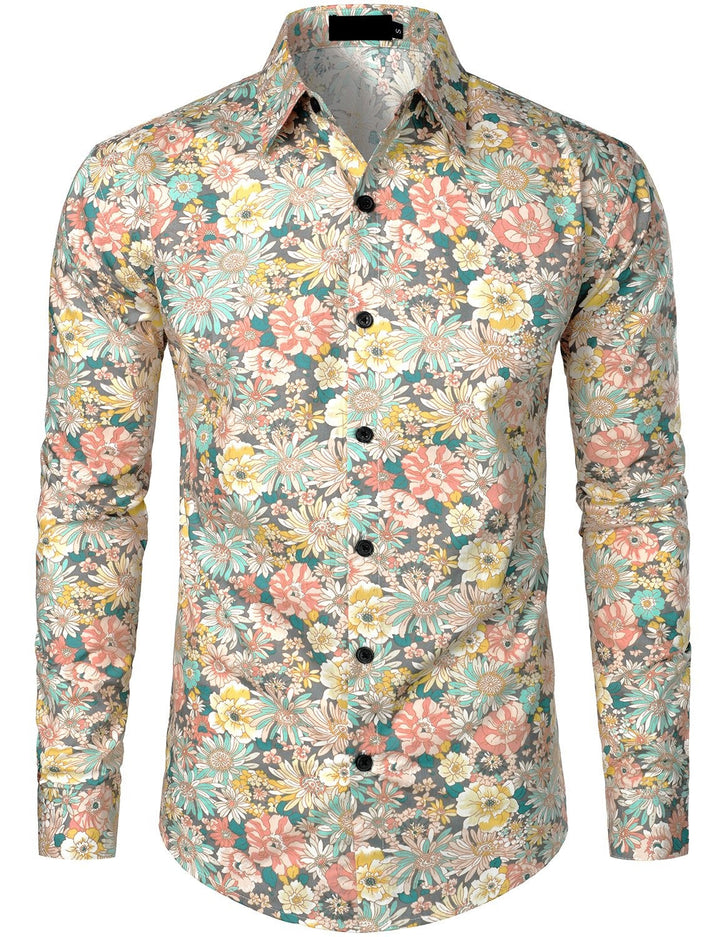 Lot de 4 |Chemise habillée à manches longues boutonnée en coton floral respirant pour hommes