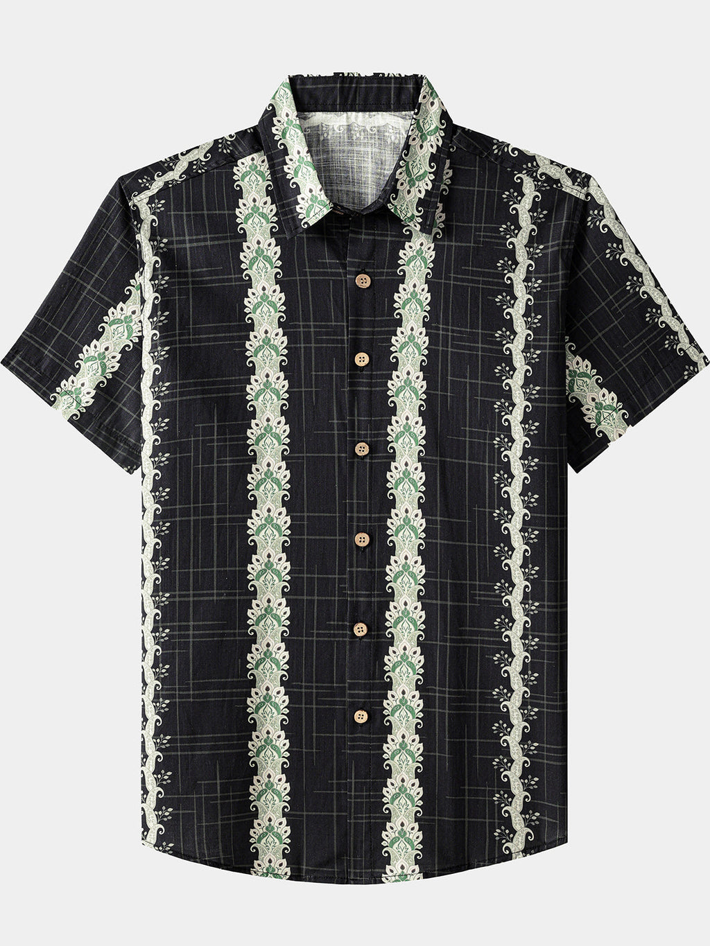 Chemise Vintage Homme Style Hawaïen Motif Botanique Rayé Coton