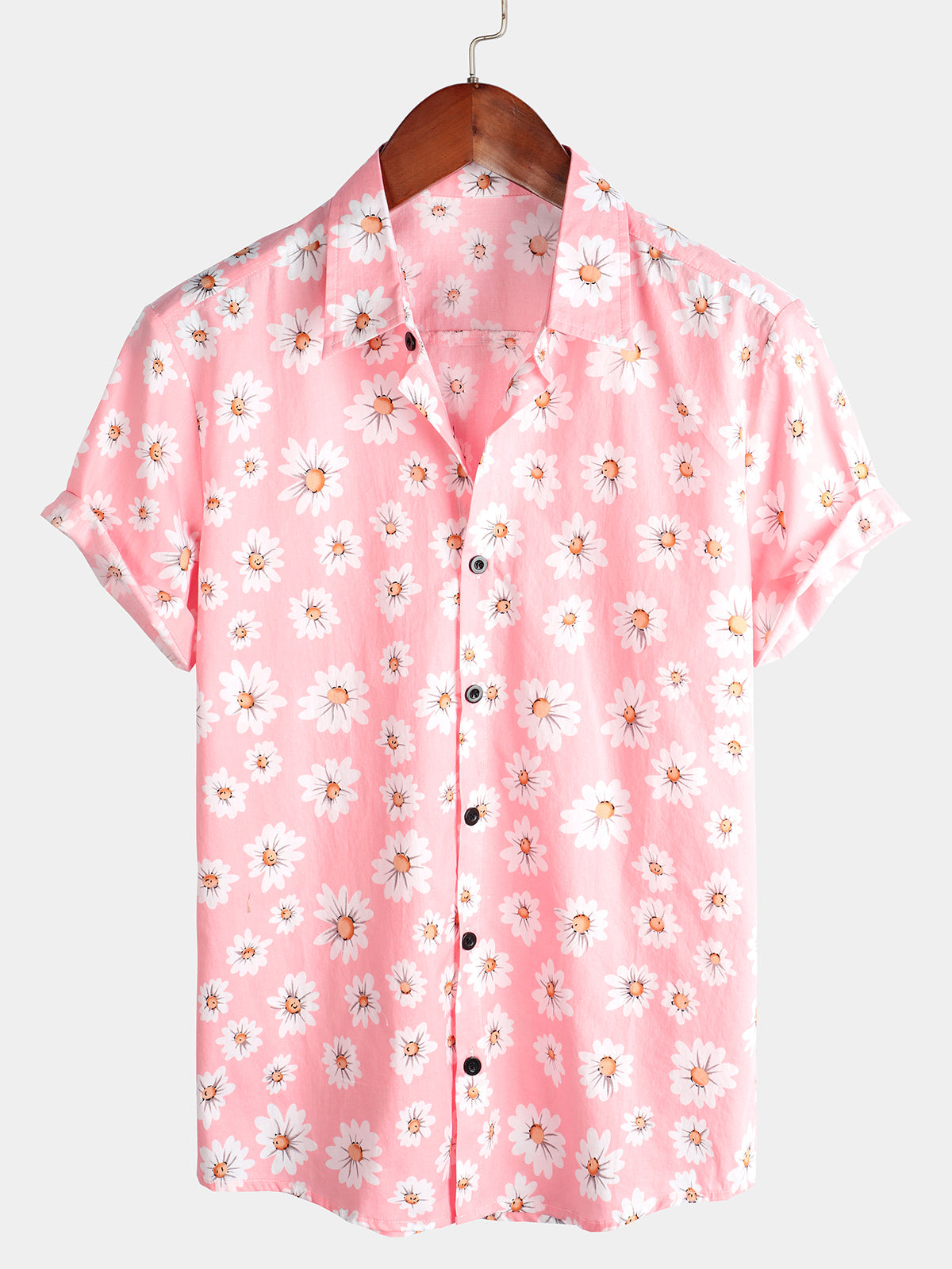Chemise Hawaïenne à Manches Courtes pour Homme en Rose avec des Marguerites