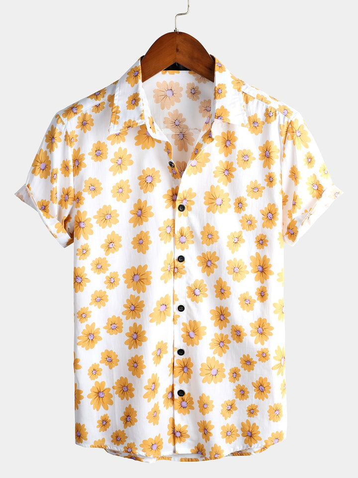 Chemise à fleurs hawaïennes tropicales en coton à imprimé marguerites pour hommes