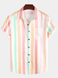 Chemise d'Homme d'Été Rose et Blanche à Rayures Verticales avec Boutons et Poche à Manches Courtes