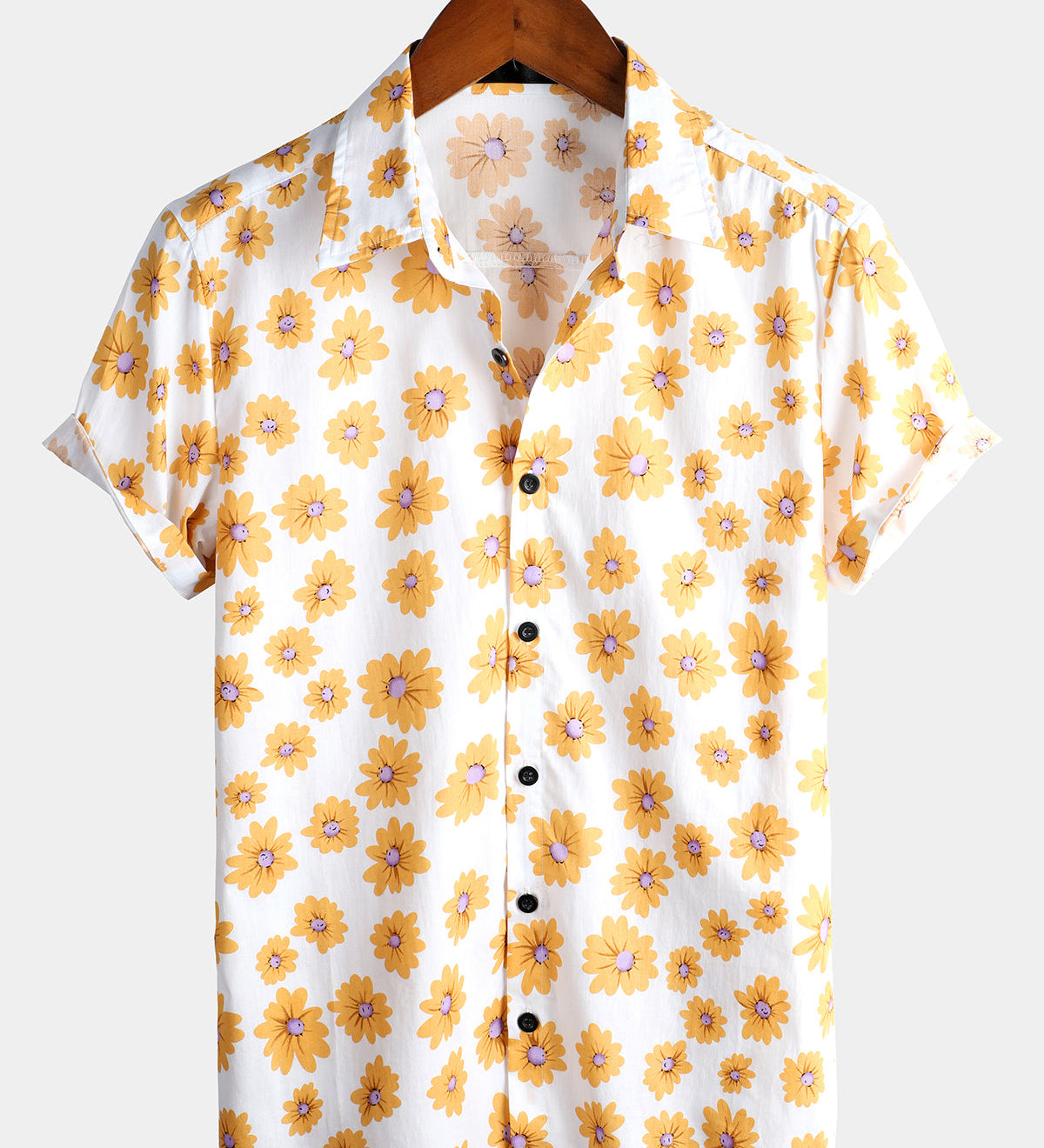Chemise d'Été à Manches Courtes Hawaïenne pour Homme en Bleu avec Fleurs de Marguerite