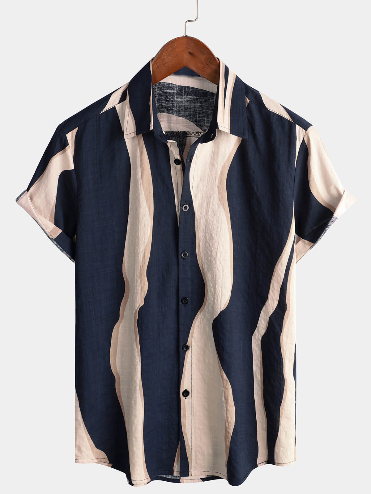 Chemise d'Homme Rétro Casual à Rayures d'Été Bleu Marine à Manches Courtes avec Boutons