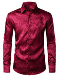 Chemise habillée boutonnée à manches longues en satin brillant et jacquard floral rouge pour homme