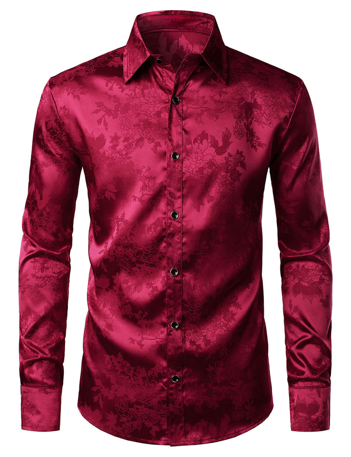 Chemise habillée boutonnée à manches longues en satin brillant et jacquard floral rouge pour homme