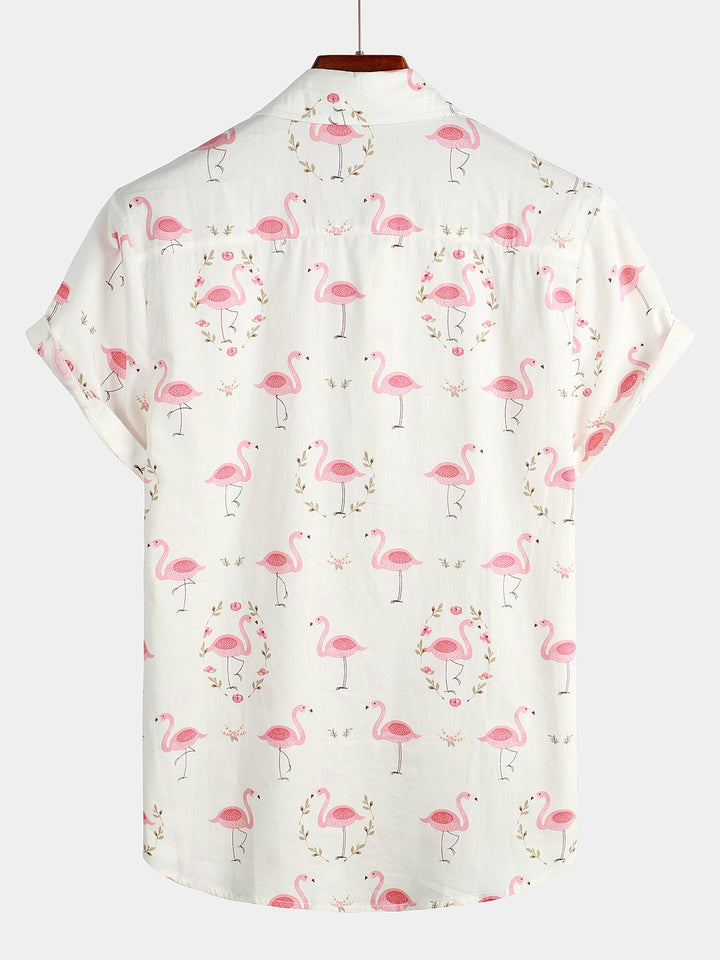 Chemise décontractée à manches courtes en coton à imprimé flamant rose pour hommes