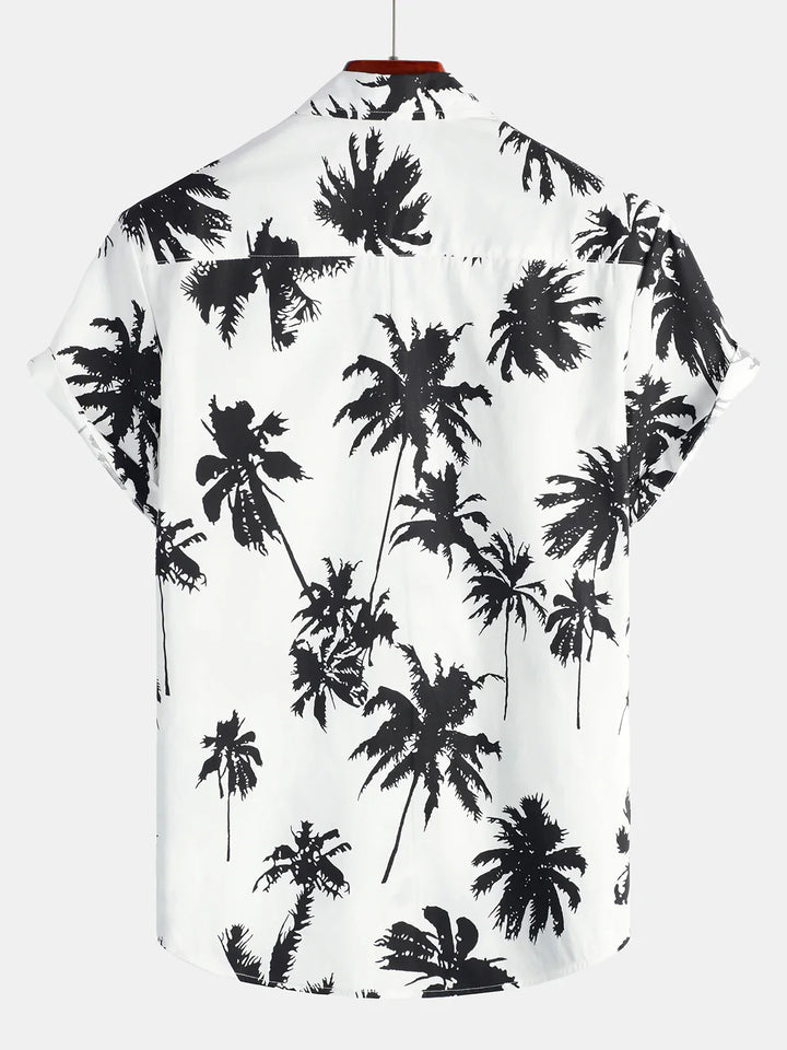 Chemise hawaïenne à manches courtes en coton blanc à imprimé palmiers tropicaux pour hommes