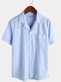 Coton Bleu Rayé Homme Bouton d’été Haut Col Cubain Camp Chemise de plage à manches courtes