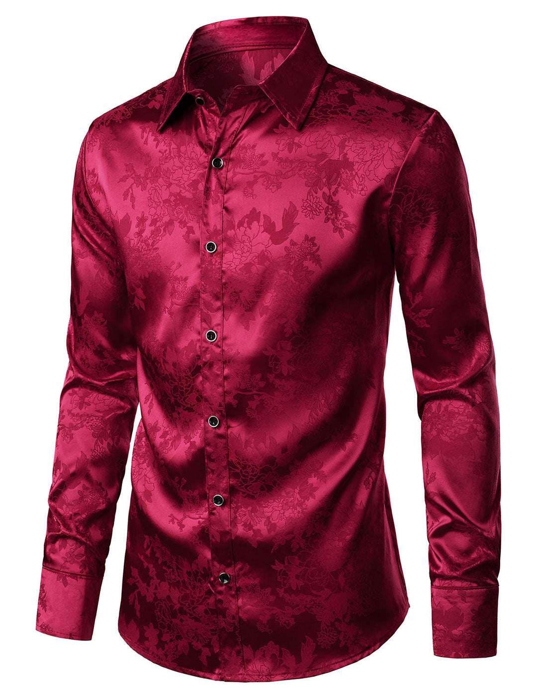 Chemise habillée boutonnée à manches longues en satin brillant et jacquard floral rouge pour homme