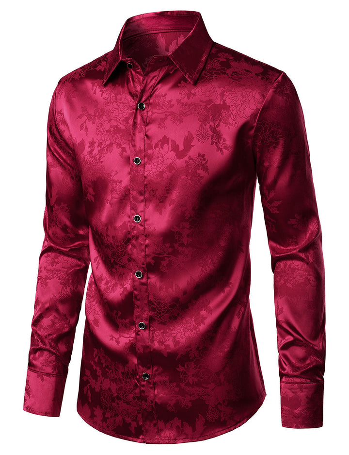 Chemise habillée boutonnée à manches longues en satin brillant et jacquard floral rouge pour homme