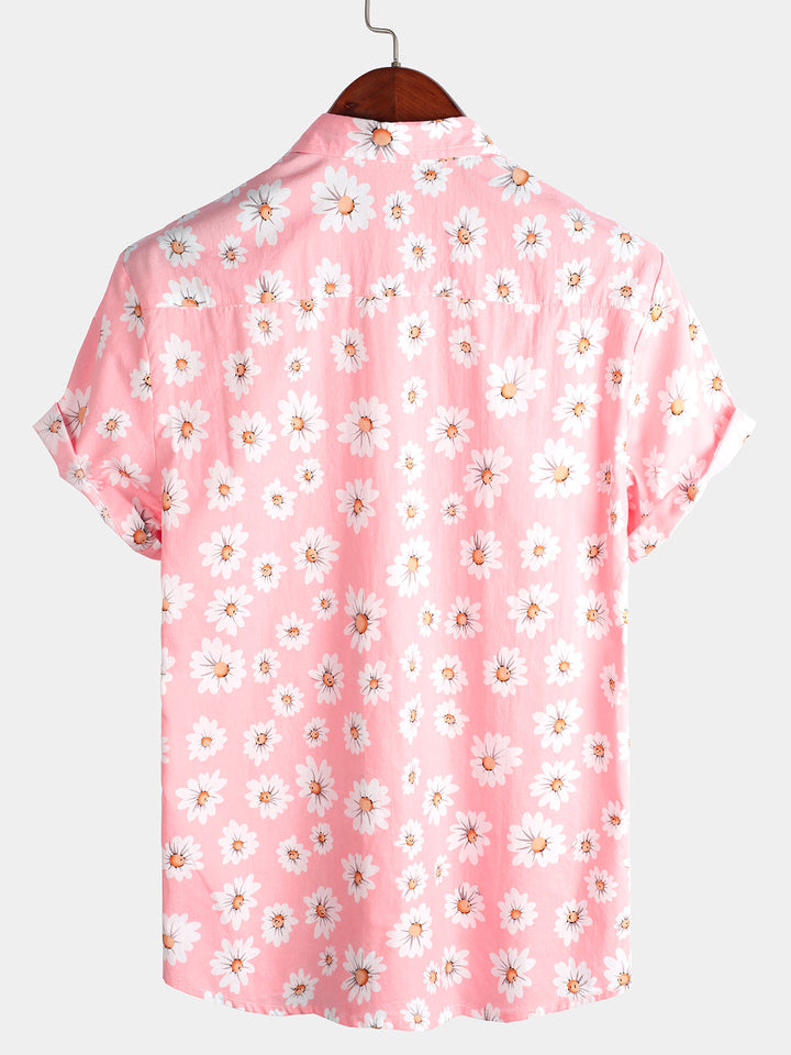 Chemise hawaïenne à manches courtes pour homme, rose à marguerites