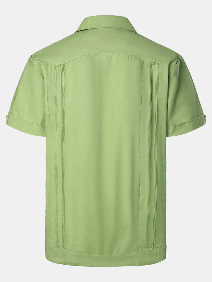 Chemise décontractée à manches courtes pour homme avec poche en lin cubain Guayabera Summer Camp
