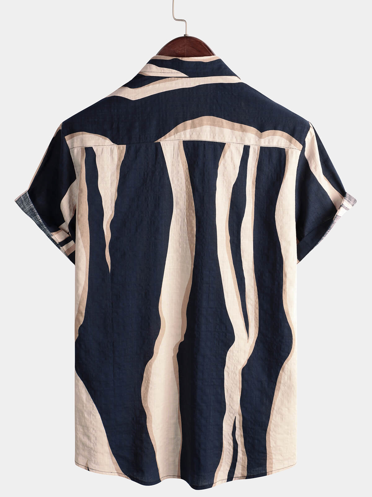 Chemise d'Homme Rétro Casual à Rayures d'Été Bleu Marine à Manches Courtes avec Boutons