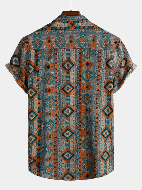 Chemise à Manches Courtes avec Boutons et Imprimé Aztèque des Années 70