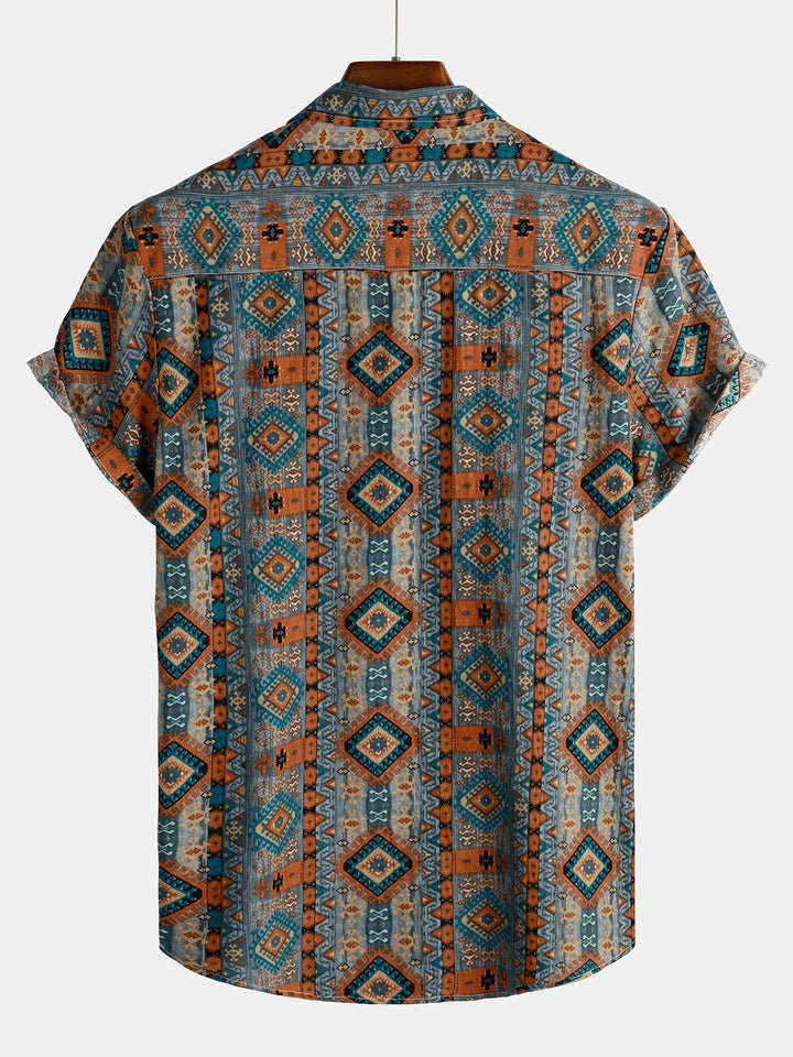 Chemise boutonnée à manches courtes et imprimé aztèque années 70