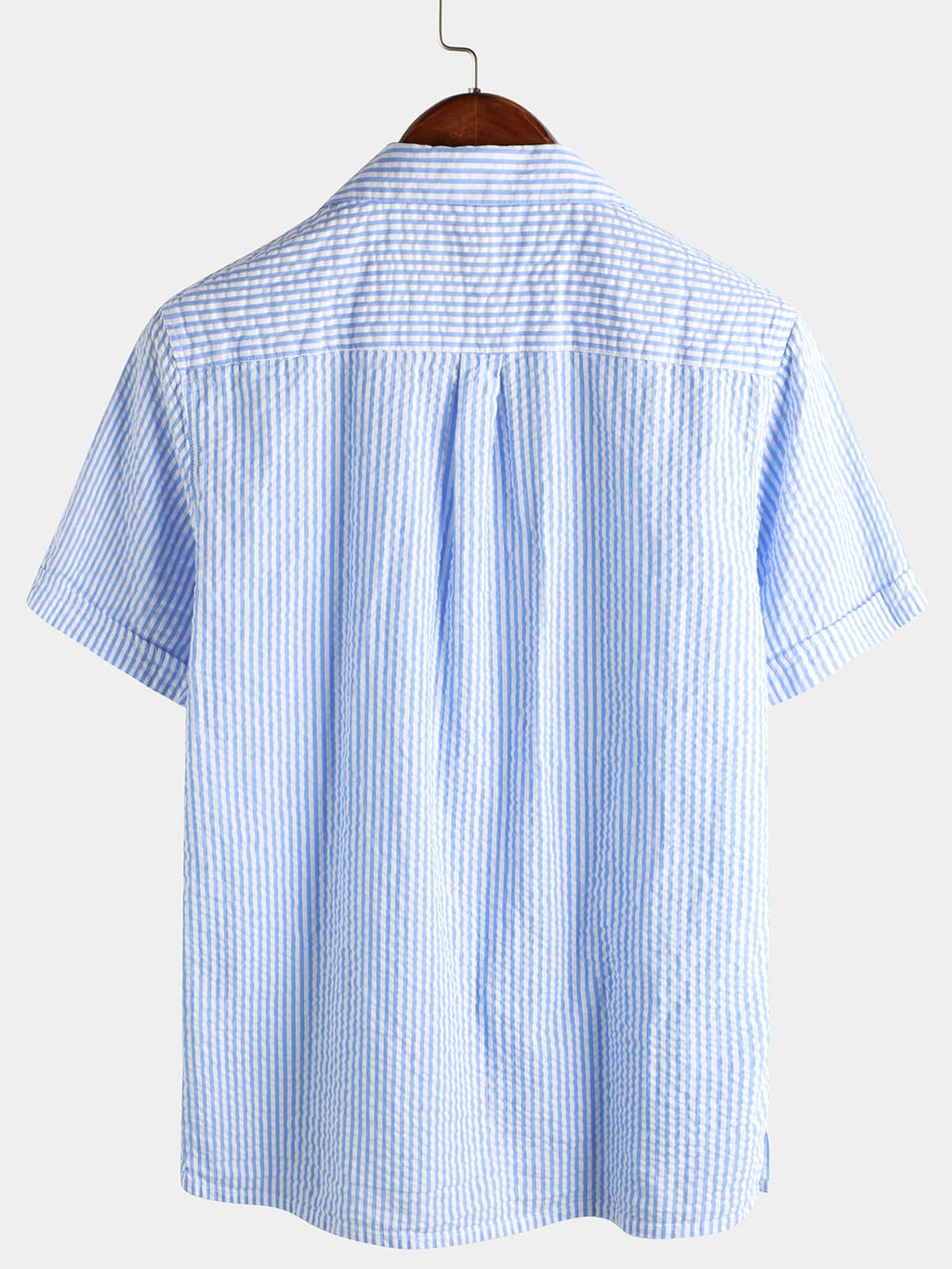 Coton Bleu Rayé Homme Bouton d’été Haut Col Cubain Camp Chemise de plage à manches courtes