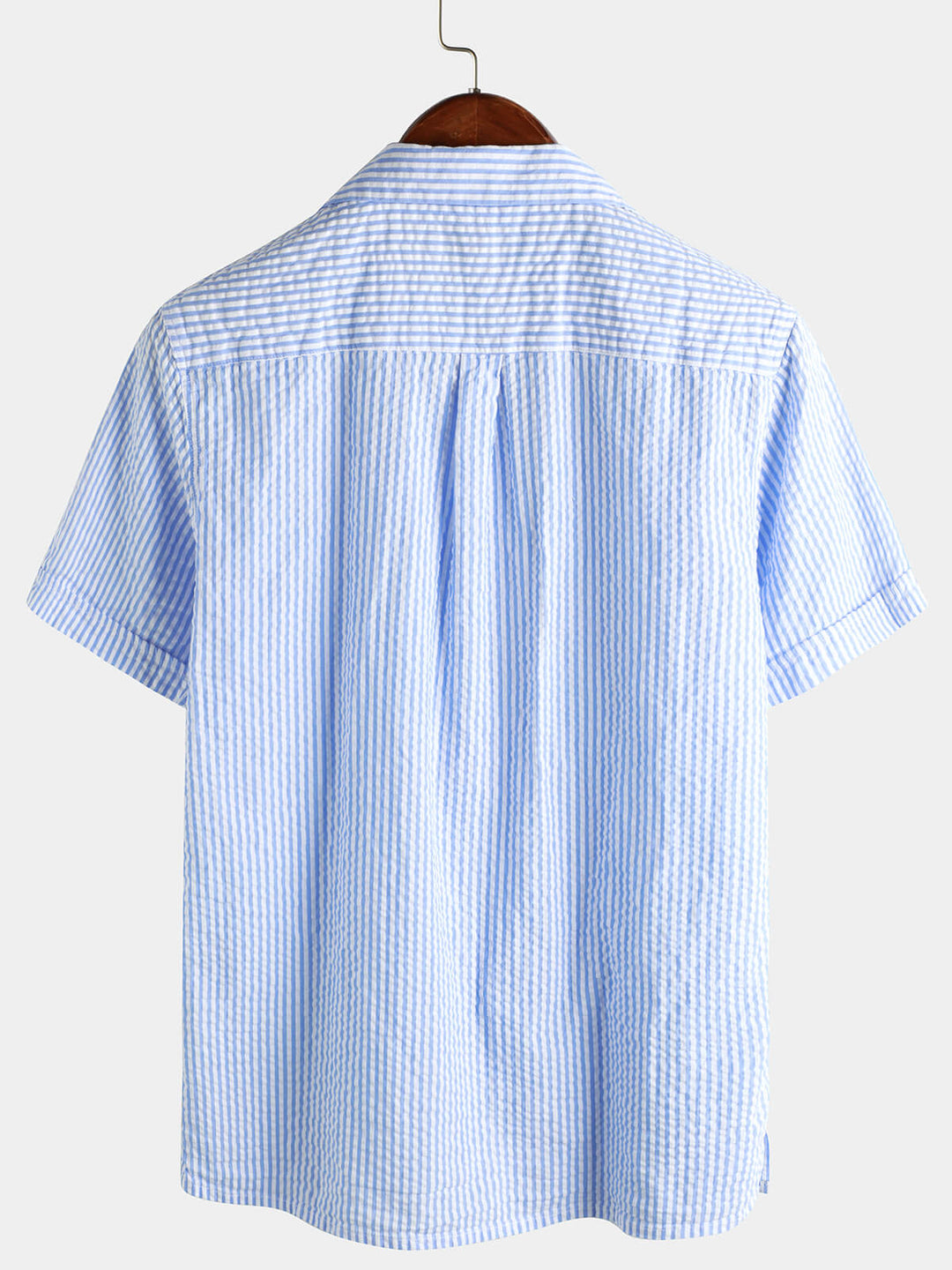Coton Bleu Rayé Homme Bouton d’été Haut Col Cubain Camp Chemise de plage à manches courtes