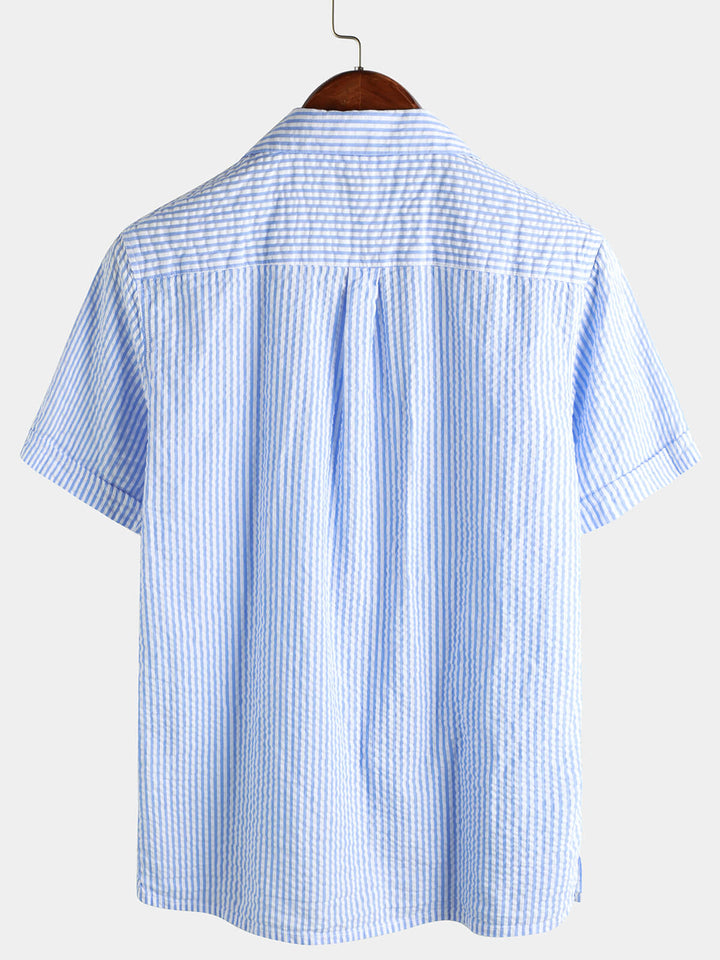 Coton Bleu Rayé Homme Bouton d’été Haut Col Cubain Camp Chemise de plage à manches courtes