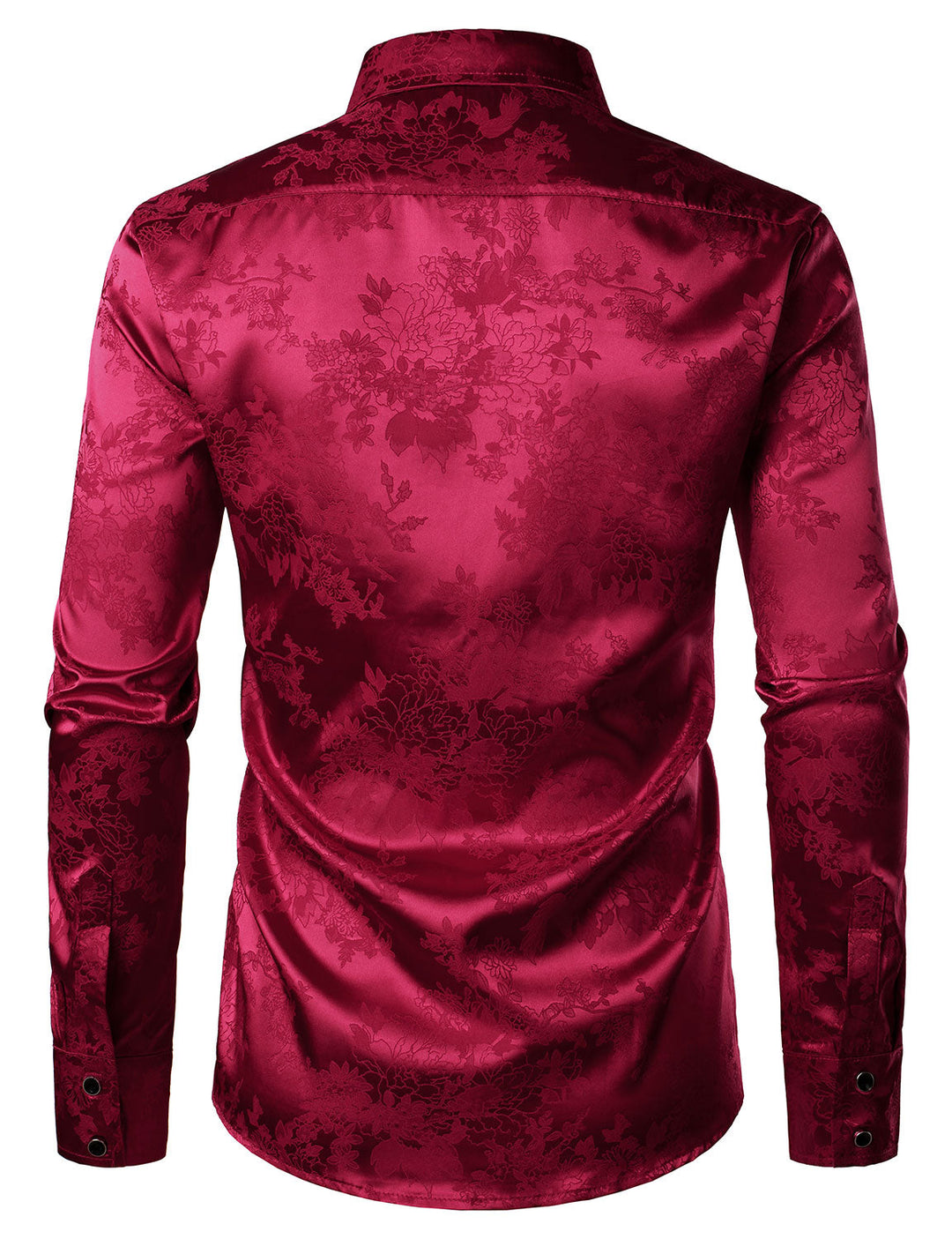 Chemise habillée boutonnée à manches longues en satin brillant et jacquard floral rouge pour homme
