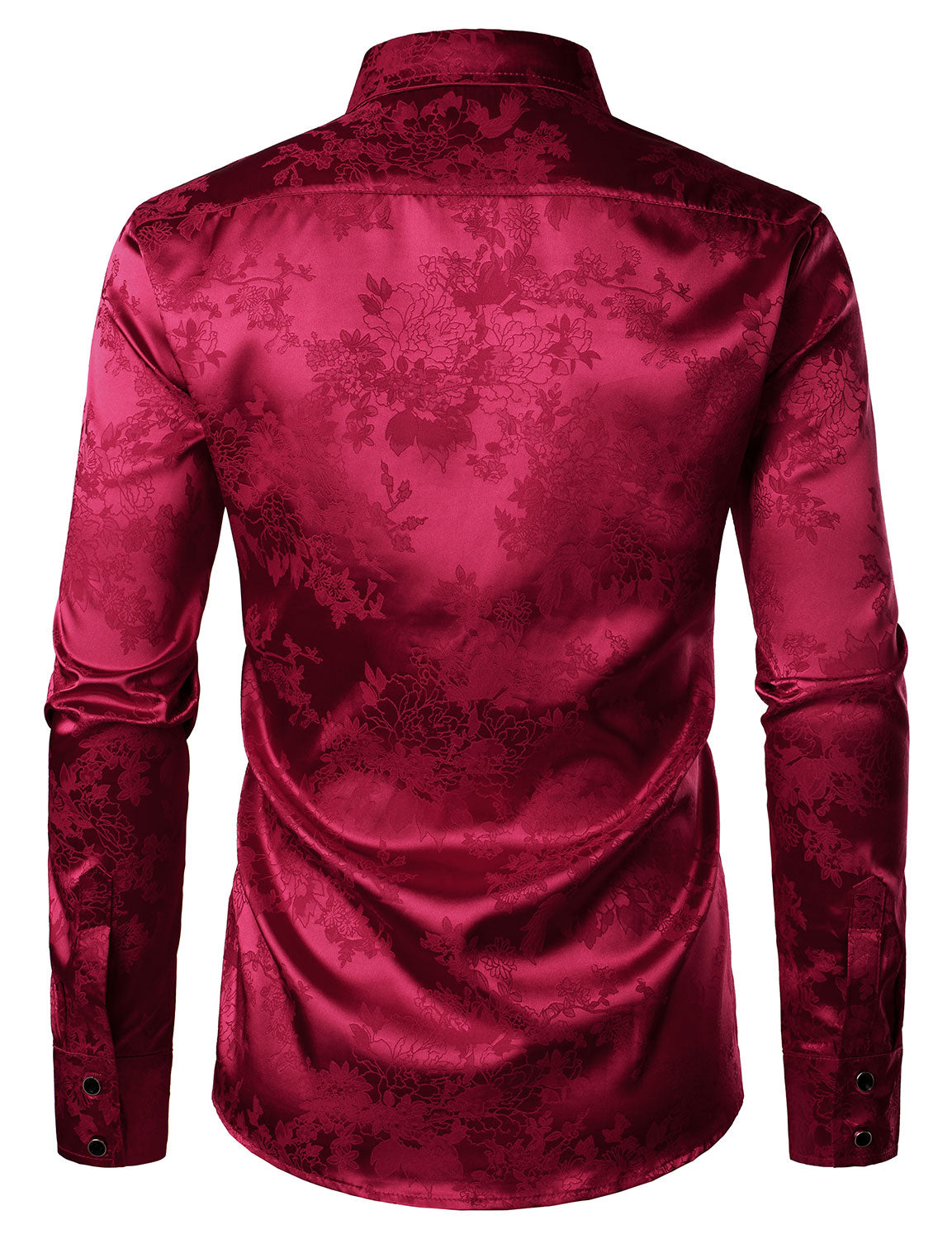 Chemise habillée boutonnée à manches longues en satin brillant et jacquard floral rouge pour homme