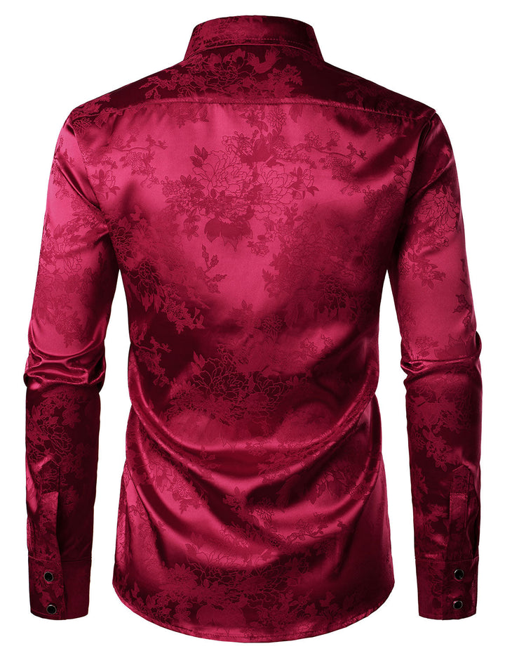 Chemise habillée boutonnée à manches longues en satin brillant et jacquard floral rouge pour homme