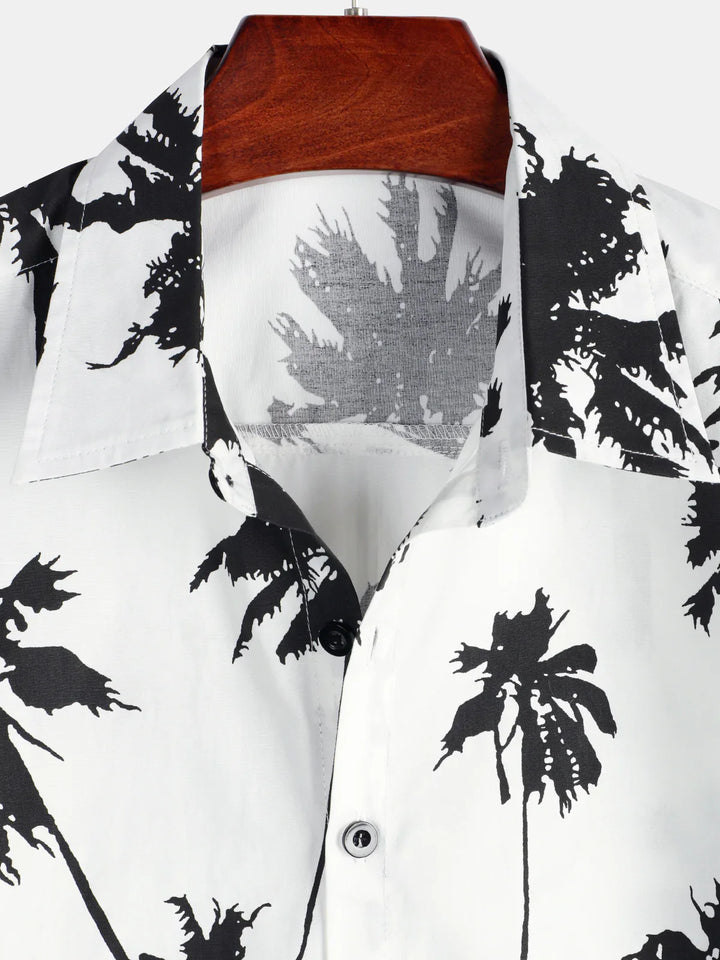 Chemise hawaïenne à manches courtes en coton blanc à imprimé palmiers tropicaux pour hommes