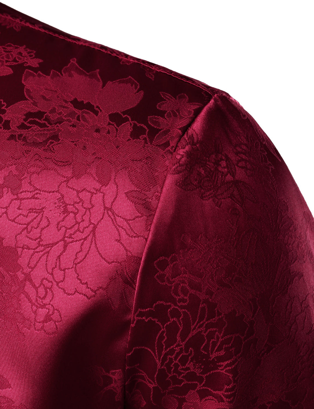 Chemise habillée boutonnée à manches longues en satin brillant et jacquard floral rouge pour homme