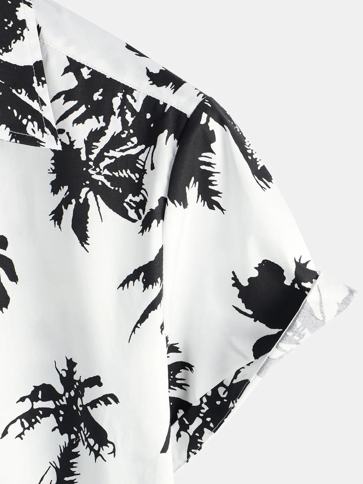 Chemise hawaïenne à manches courtes en coton blanc à imprimé palmiers tropicaux pour hommes