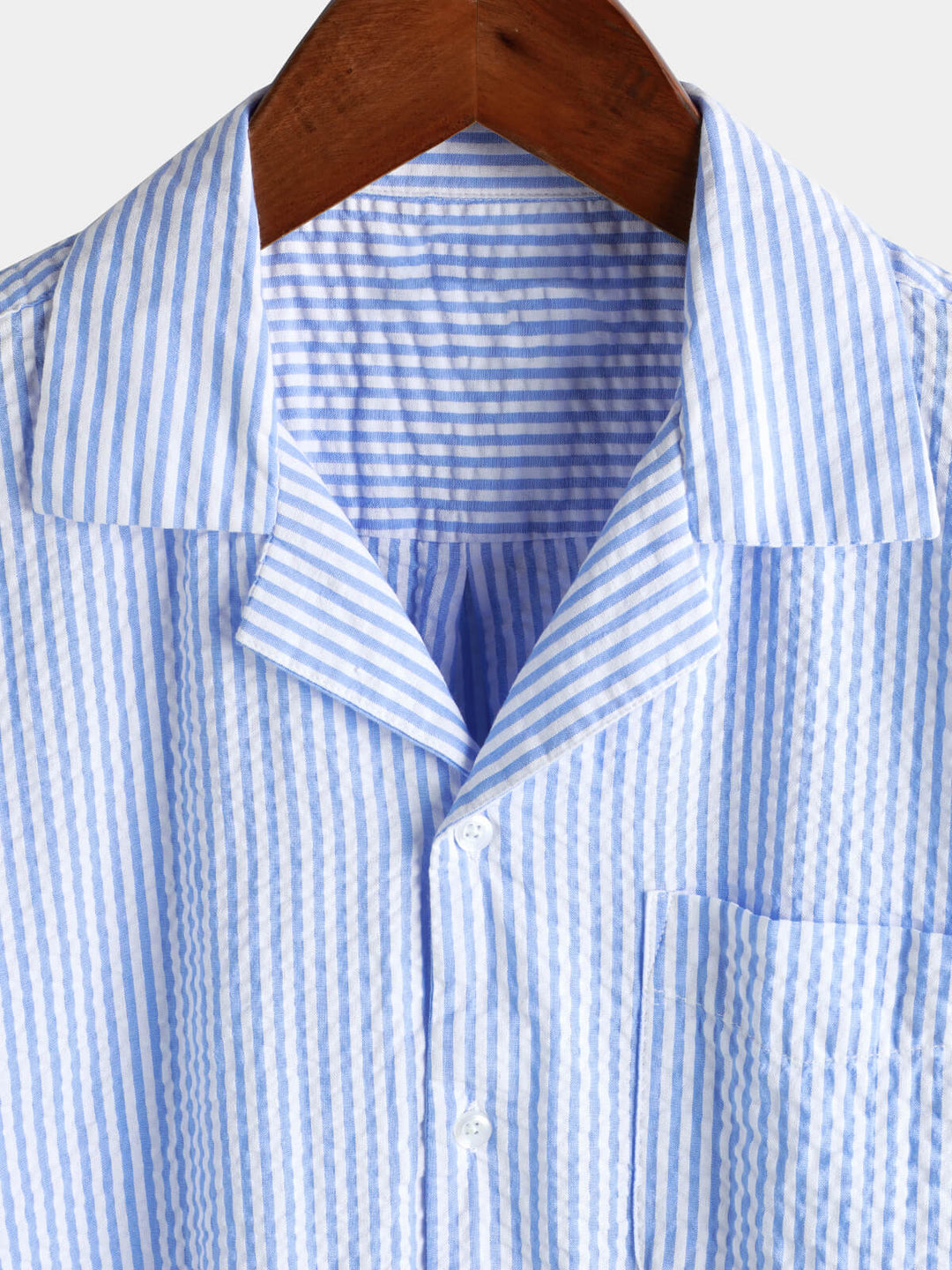 Coton Bleu Rayé Homme Bouton d’été Haut Col Cubain Camp Chemise de plage à manches courtes