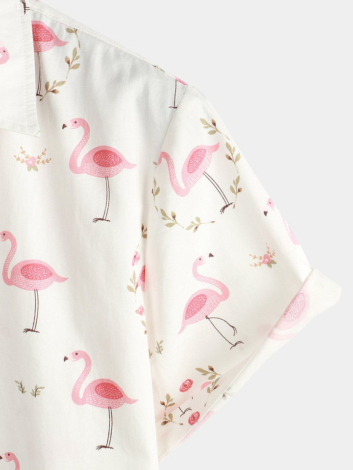 Chemise décontractée à manches courtes en coton à imprimé flamant rose pour hommes