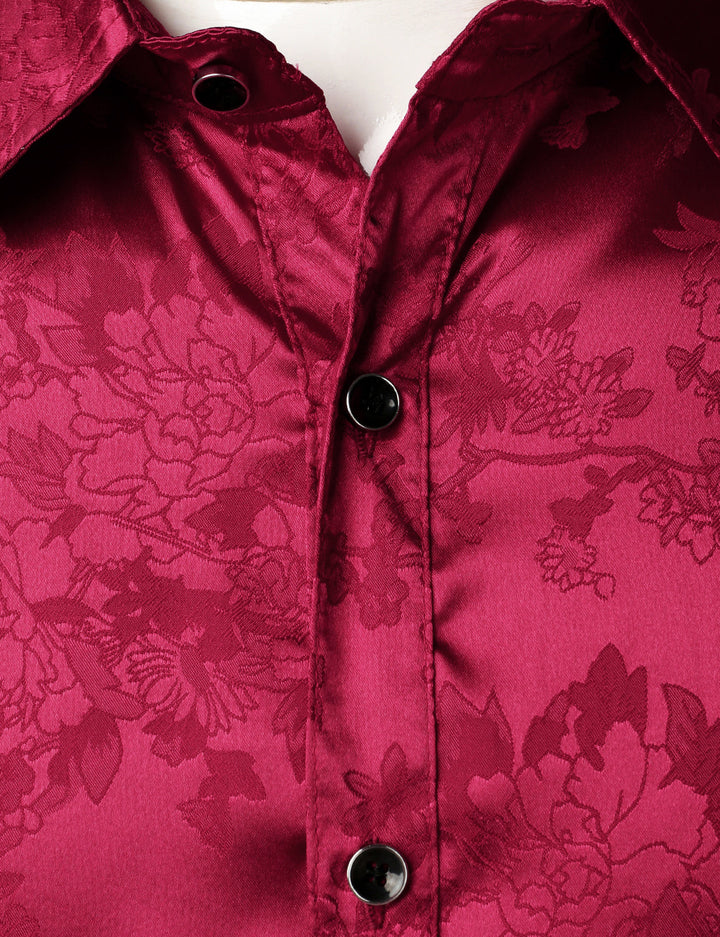 Chemise habillée boutonnée à manches longues en satin brillant et jacquard floral rouge pour homme
