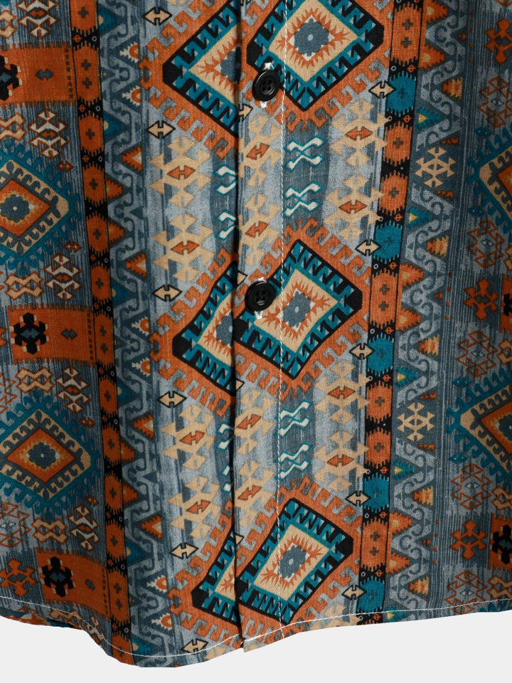 Chemise boutonnée à manches courtes et imprimé aztèque années 70