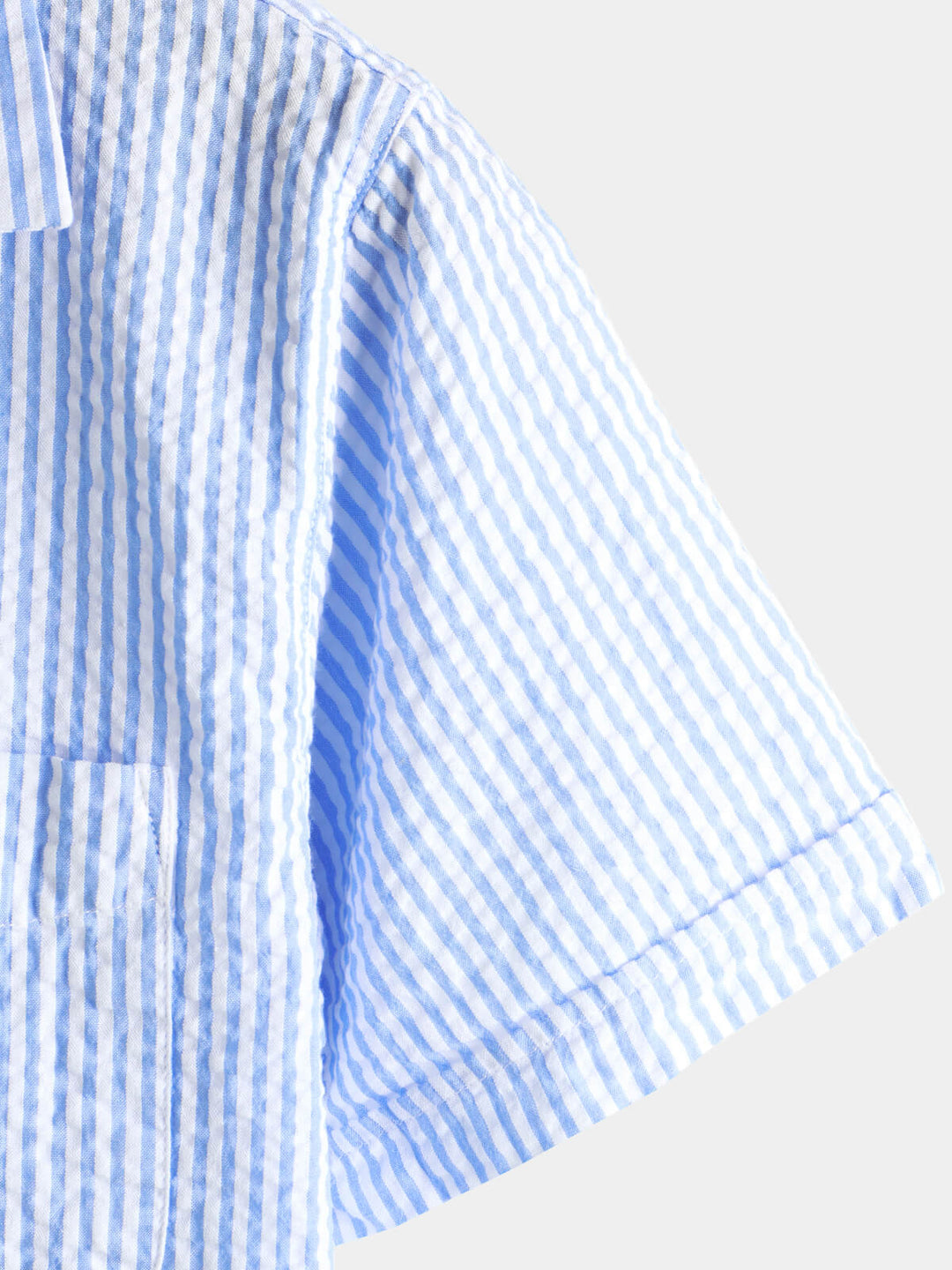 Coton Bleu Rayé Homme Bouton d’été Haut Col Cubain Camp Chemise de plage à manches courtes