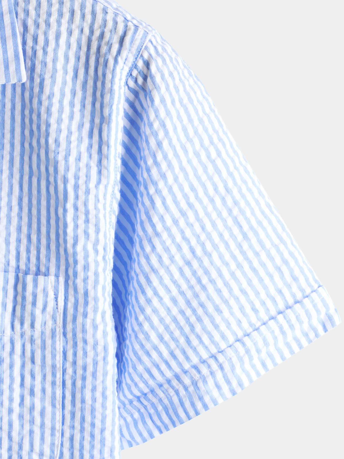 Coton Bleu Rayé Homme Bouton d’été Haut Col Cubain Camp Chemise de plage à manches courtes