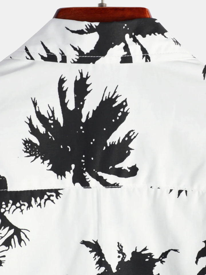 Chemise hawaïenne à manches courtes en coton blanc à imprimé palmiers tropicaux pour hommes
